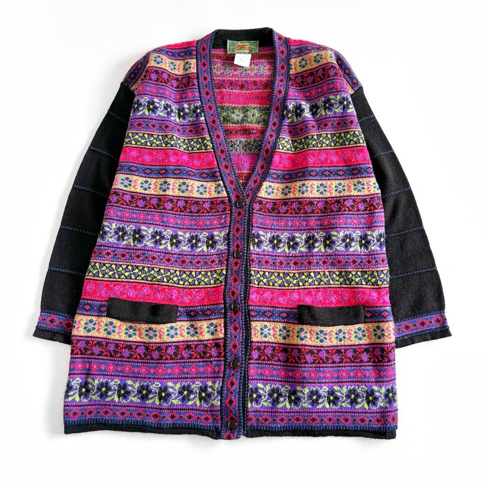 Vintage Quadro, Wool Blend Italian Cardigan / Neon Floral Fair Isles
